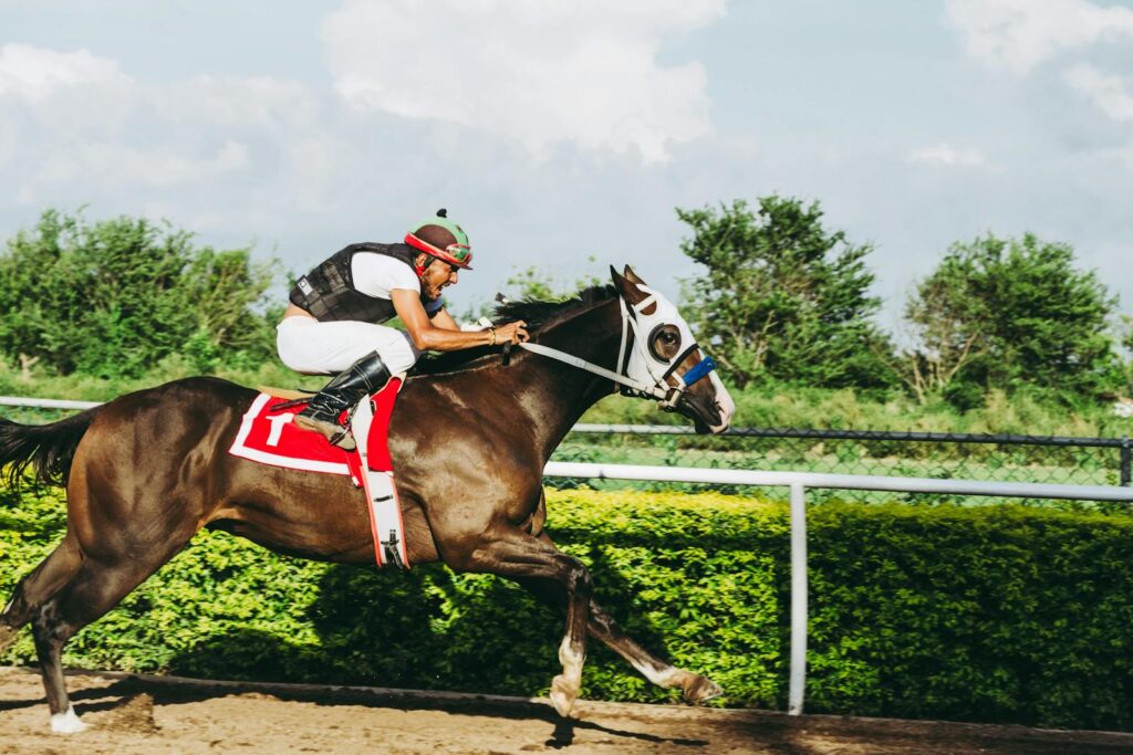 A thrilling action shot of a jockey riding a horse at full speed during a race on a sunny day.